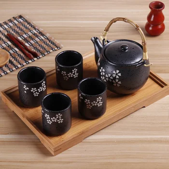 

Frosted matte black ceramic tea set herbal tea pot cup cold water pot antique Japanese Kungfu teapot teacup bamboo tray teaware