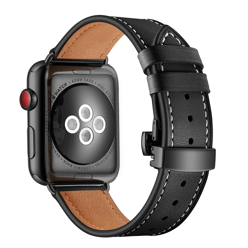 Кожаный ремешок для Apple Watch Series 5, 4, 3, 44 мм, 40 мм, черная застежка-бабочка, браслет на запястье, ремешок для iWatch 5, ремешок для часов 42 мм, 38 мм