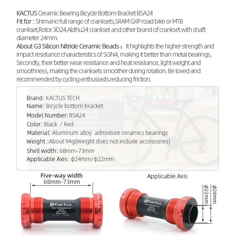 KACTUS BSA24 Bicycle Bottom Bracket Ceramic Bearing for Shimano for SRAM GXP Road MTP Cranksets Shaft Diameter 24-22mm Bike Part