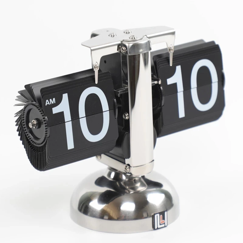 Retro Flip Over Clock Desk Stainless Steel Flip Internal Gear Operated Table Clock Operated
