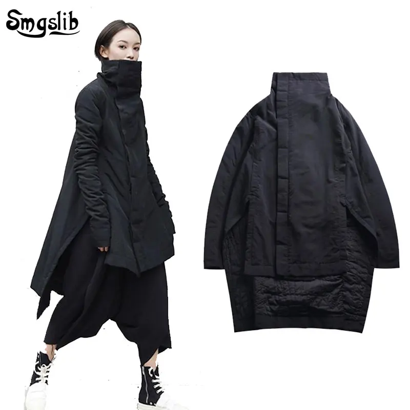 

2019 Winter Jacket Women Stand Lead Irregular Long Type Cotton-padded Clothes Loose Coat Solid Black