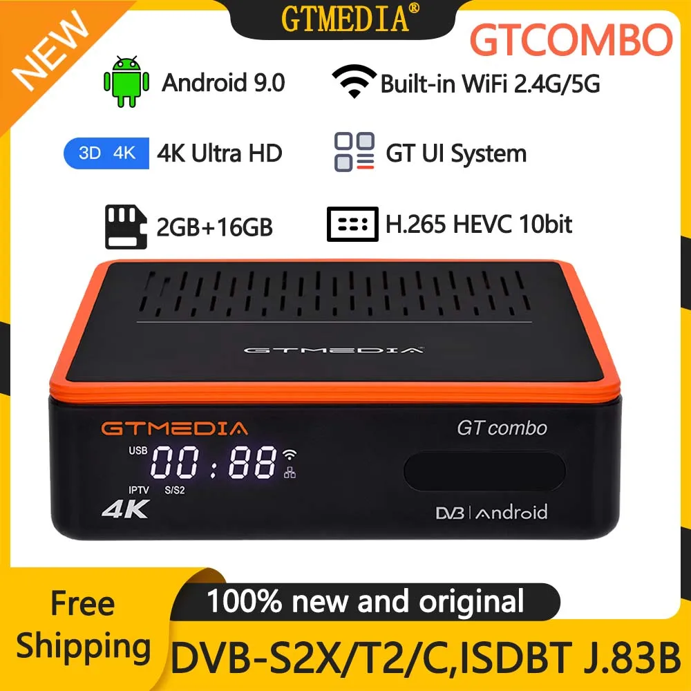 GTMEDIA GTCombo 4K 8K Android 9.0 TV BOX DVB-S2 T2 Cable 2G+16G Satellite Receiver H.265 10bit M3U Ccam Built In WiFi Decoder |