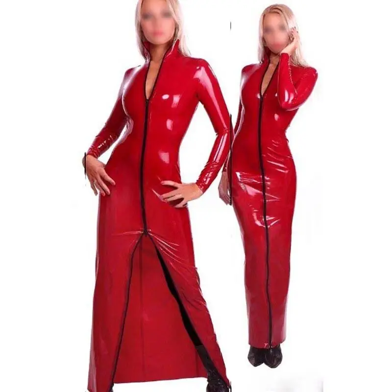 

Sexy Long Sleeve Gown Gummi Red Latex Dress Rubber Evening Dresses with Front Zip Customize