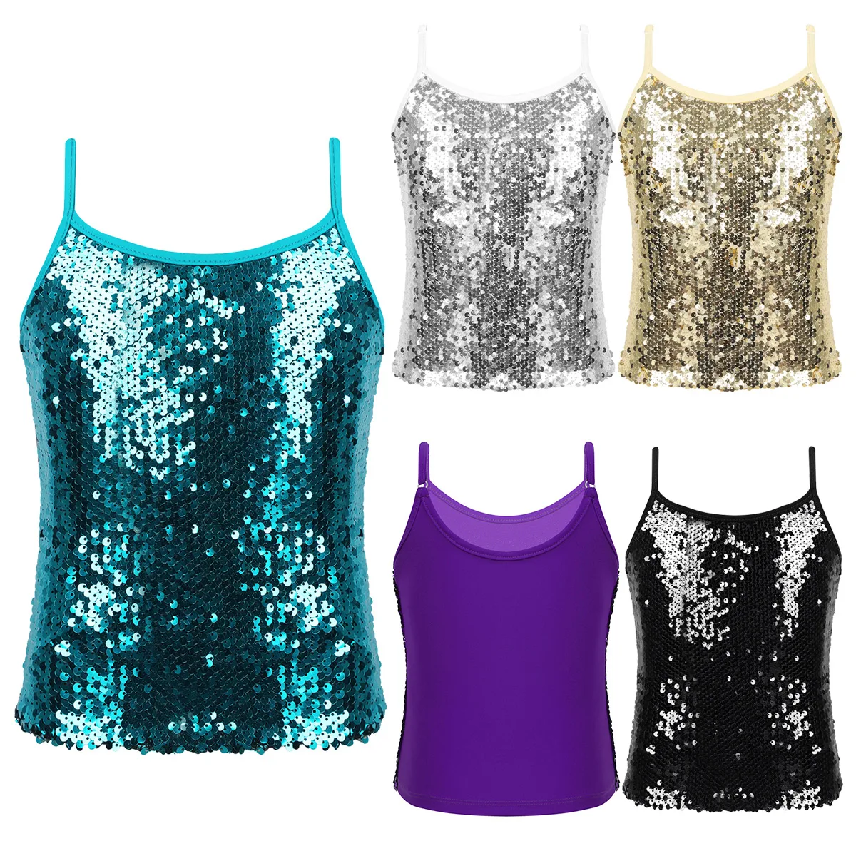 Kids Girls Adjustable Spaghetti Shoulder Straps Sparkly Sequined Tops Tank Top for Dancing Stage Performance,girls tank tops