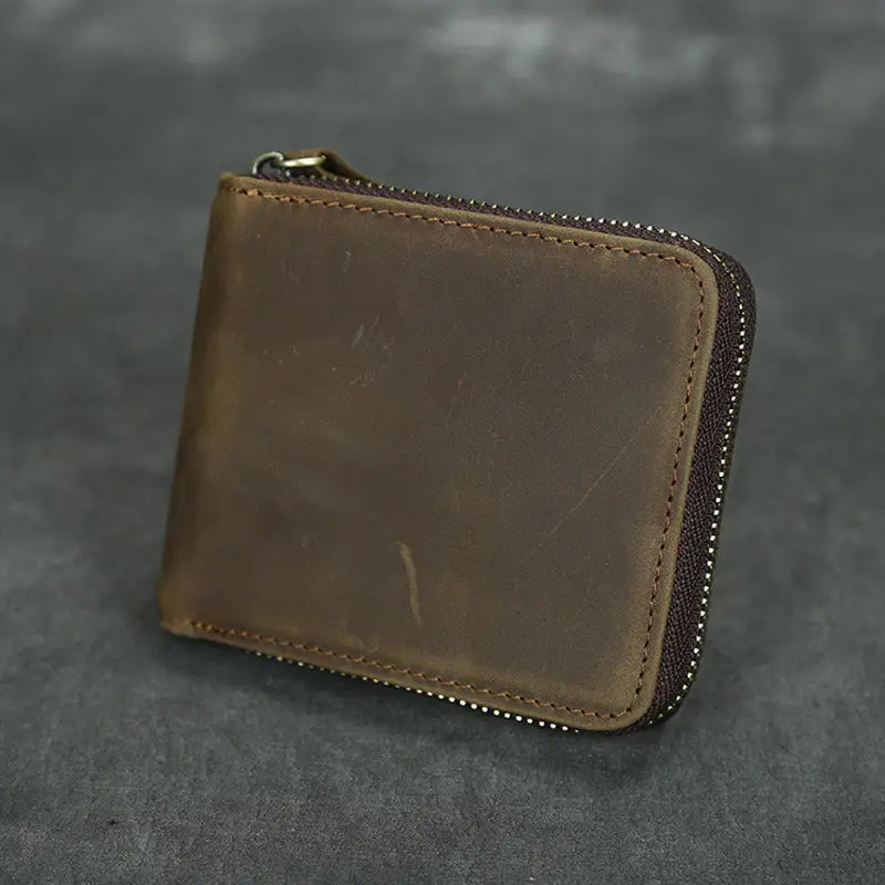 Short Organizer Wallet Man With Zipper Around Genuine Leather Male Coin Purse Crazy Horse Leather Card Holder For Boys Vintage Short Organizer Wallet Man With Zipper Around Genuine Leather Male Coin Purse Crazy Horse Leather Card Holder For Boys Vintage