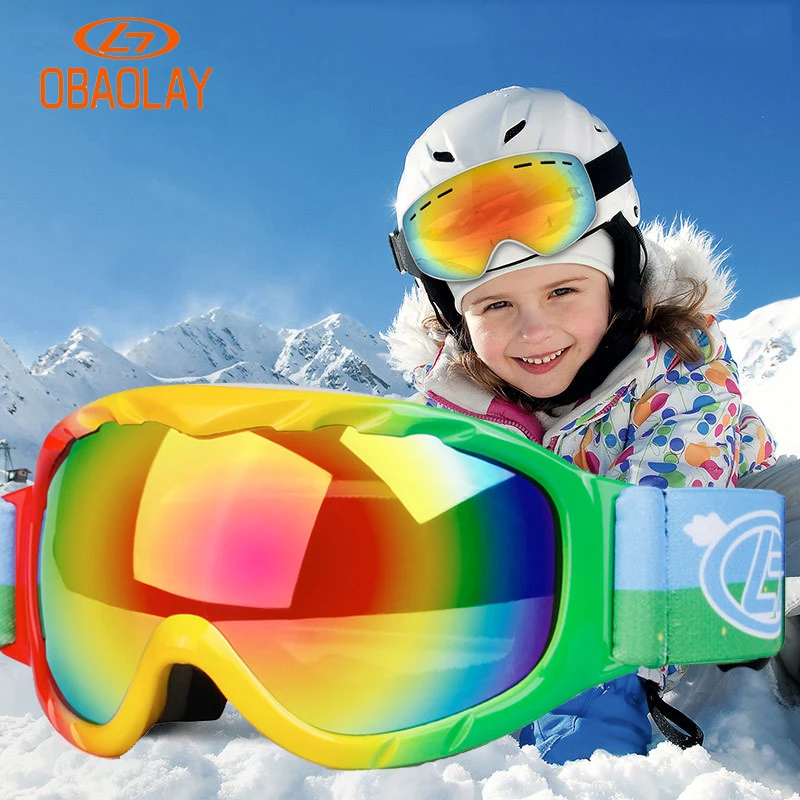 kids Ski Goggles PC & CA Anti-fog Double Lens Snow Goggles TPU Frame Snowboard 