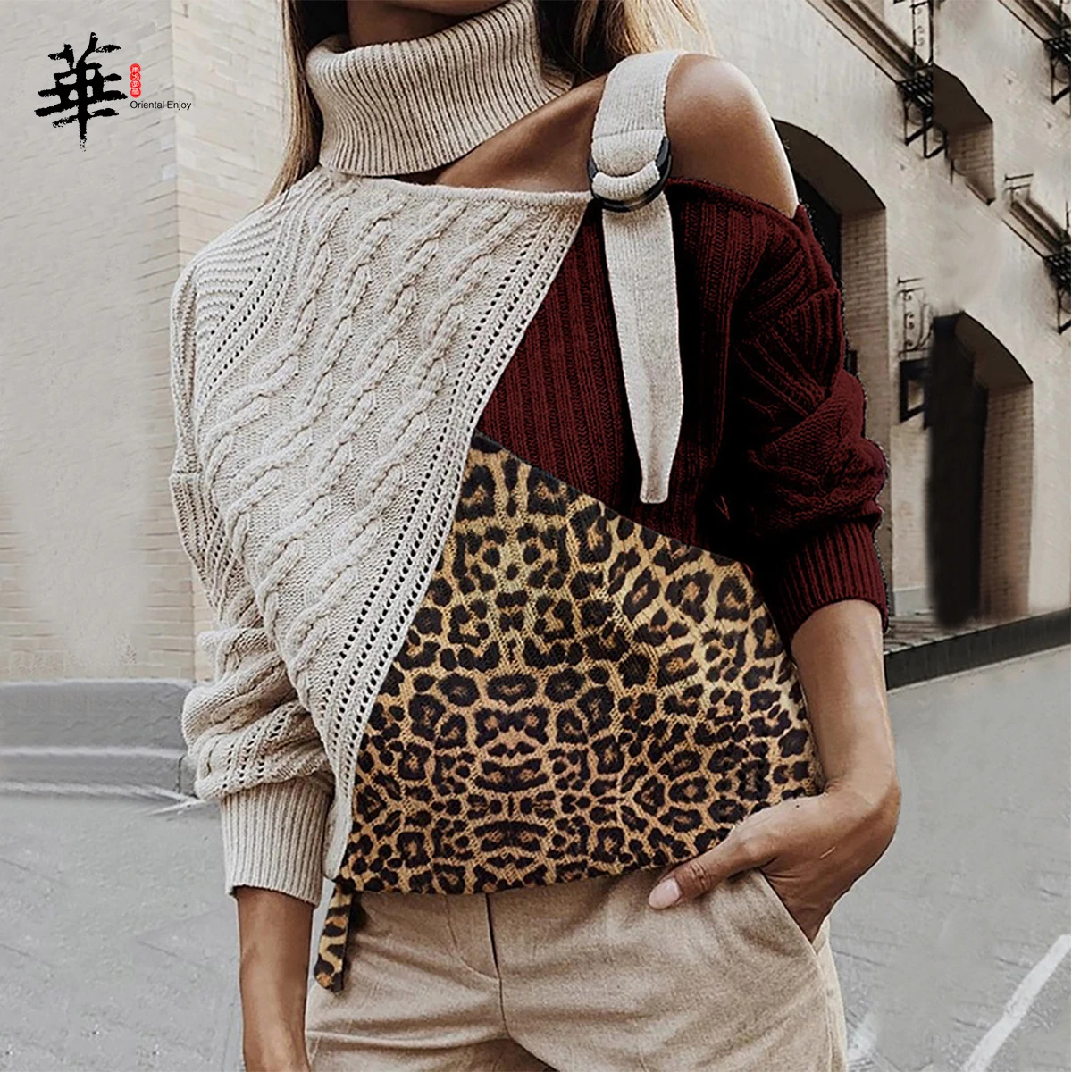 Women Sexy Leopard Patchwork Turtleneck Knitted Sweater Off Shoulder Sweaters Batwing Long Sleeve Women Sweaters and Pullovers