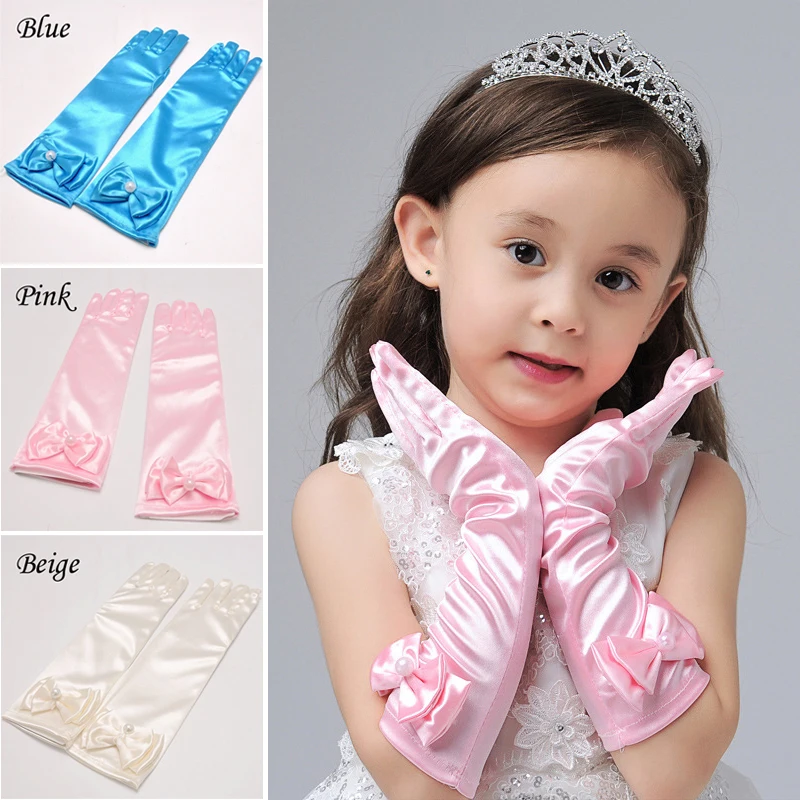 

Wedding Party Flower Girl Child Long Stretch Elbow Satin Gloves Cute Girls Kids Finger White Pearl Bow Gloves Accessories