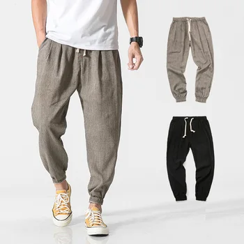 

Cotton Linen Joggers Men's Casual Harem Pants Solid Color Ankle -Length Male Baggy Trousers Harajuku Summer Streetwear Clothes