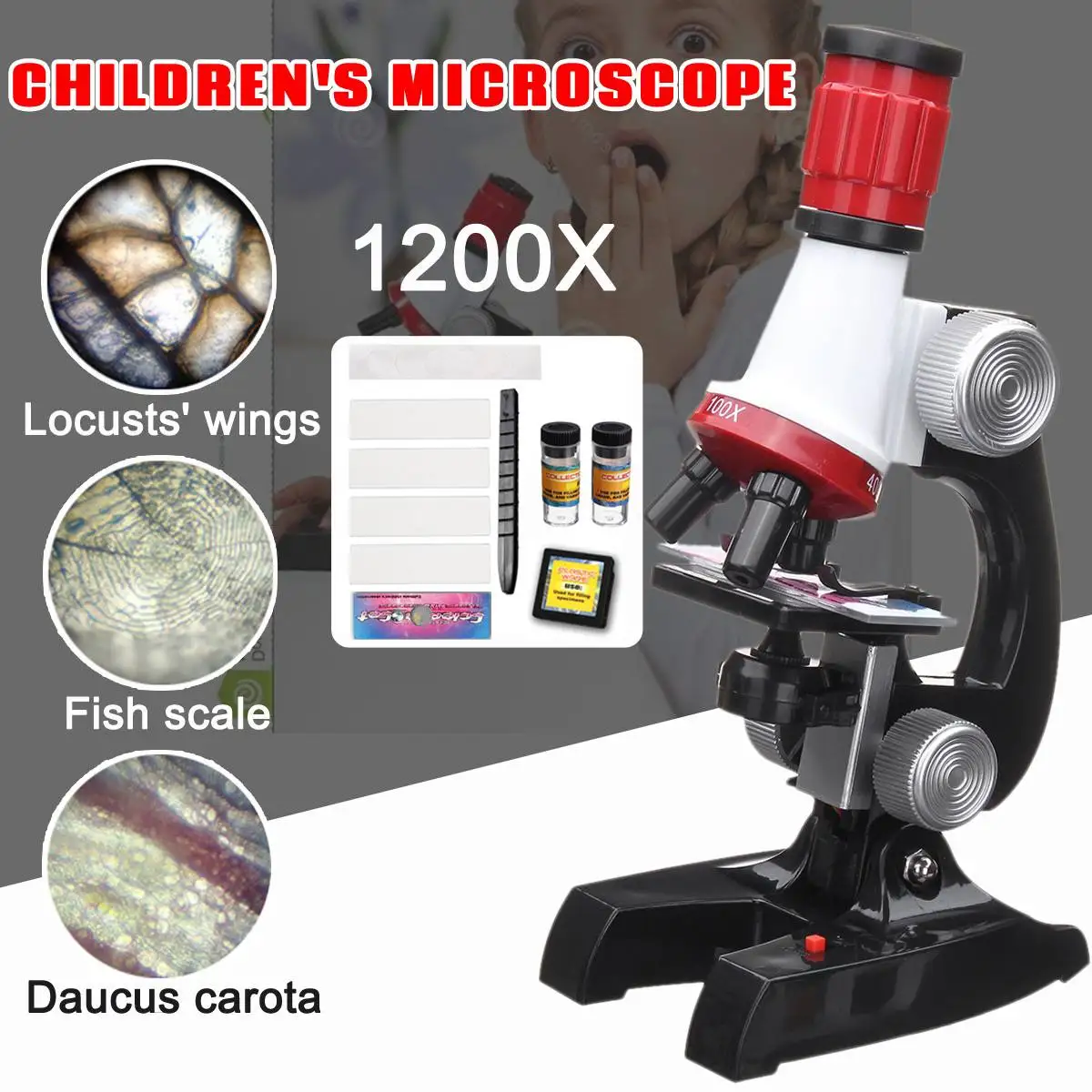 Zeast Kids Toy Monocular 100X 400X 1200X Microscope+12x Prepared Microscope Slides Plant Animalia Specimen Biology Educational