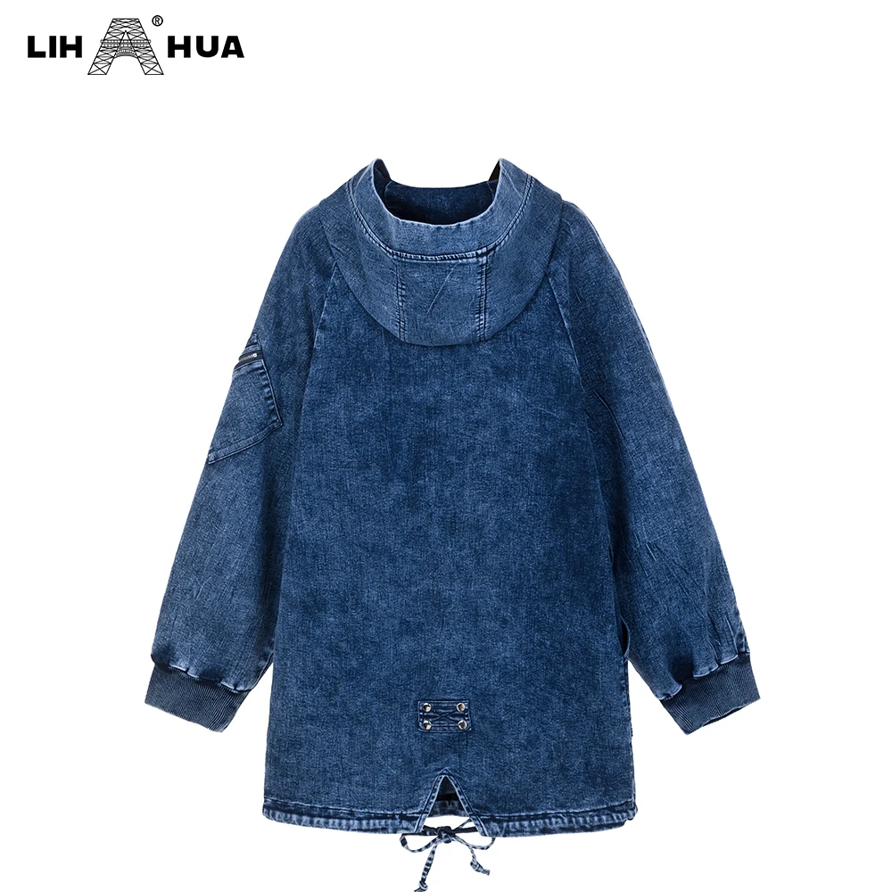 Осенняя повседневная джинсовая куртка больших размеров LIH HUA, высокая эластичная толстовка с капюшоном и карманами, хлопковая джинсовая куртка 6