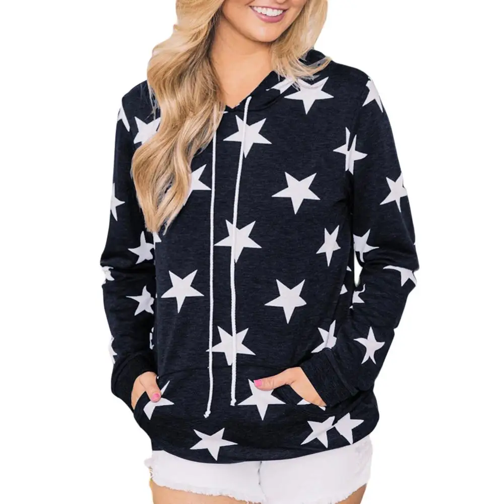 

Women Wardrobe Casual Star Print Sweatshirt Hoodie Drawstring Long Sleeve Loose Pullover with Pockets