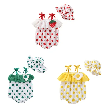 

Summer Round Collar Short Sleeve Dot Print Girls Jumpsuit Climb Soft Romper+Hat Two-piece Set Infant