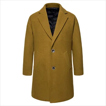 

Autumn and Winter Newest Men's Medium and Long Slim Fabric Jacket Trend Pure Wool Overcoat Yellow Color Mens Coats