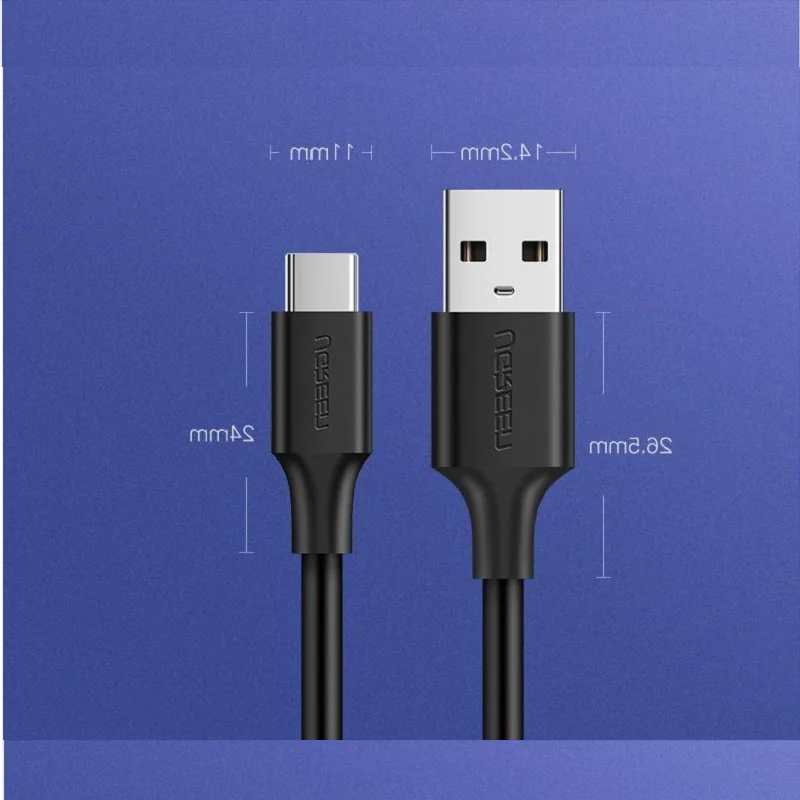 Ugreen USB Type C Data Line Apply Android Mobile Phone Flat Bluetooth Earphones Power Bank Universal 3A Fast Charging USB Cable