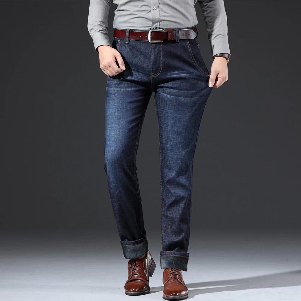 Promo DAISHU Winter Warm Fleece Men's Jeans Thick Denim Jeans Straight Fit Trousers Cotton Velvet Pants men Large size 40 42 44