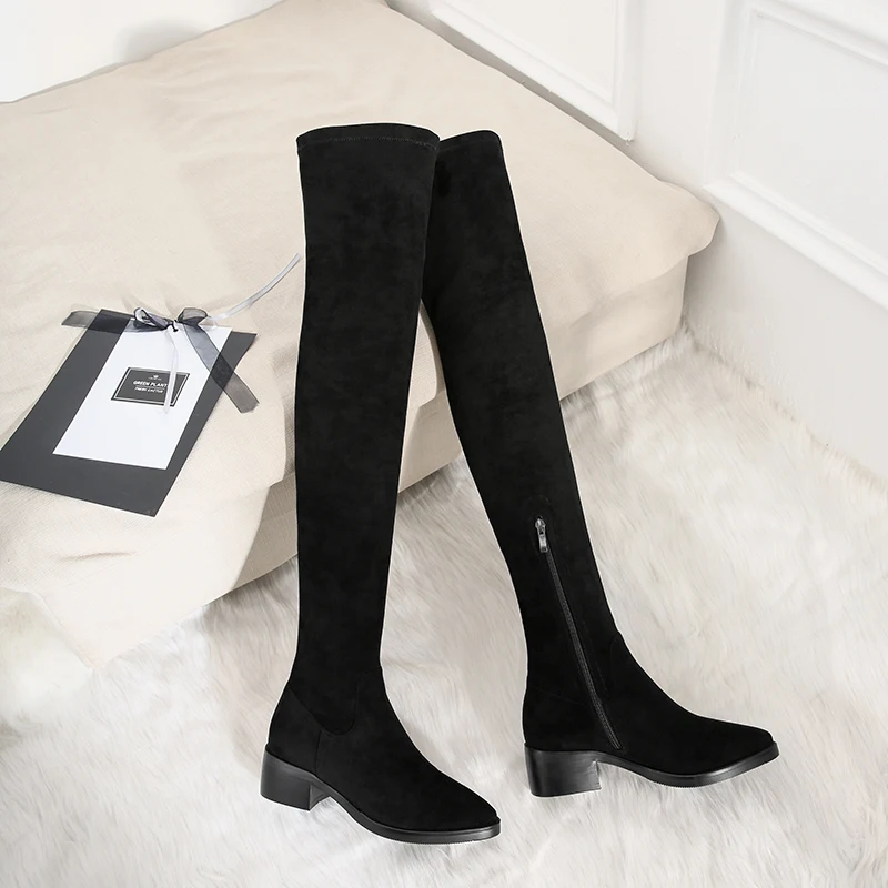 TXCNMB Leather Square Heels Over The Knee Boots Women Dress Wedding Shoes Woman Round Toe Autumn Boots Large Size 43