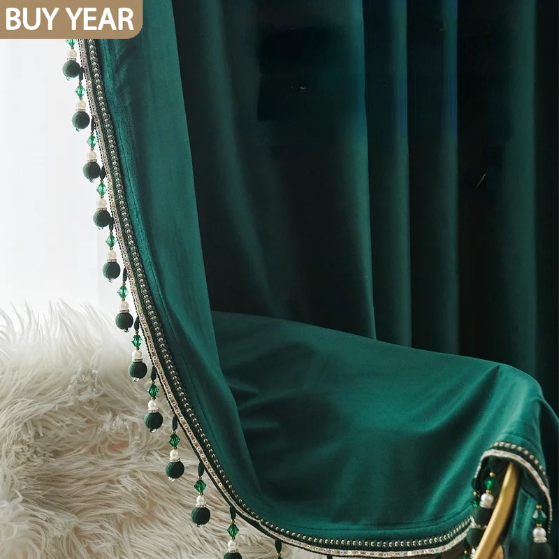 2021 New Curtains for Living Dining Room Bedroom Dark Green Velvet Curtain European Light Luxury Cloth French Window | Дом и сад