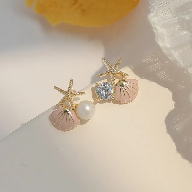 Starfish Shell Stud Earrings for Women Small Cute Imitation Pearl Earrings Banquet Wedding Jewelry Pink