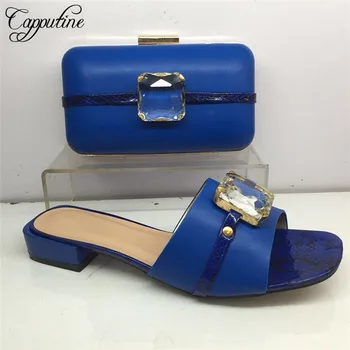 

Hot sale party royal blue slipper shoes with evening handbag set nice sandals and purse GY40, heel height 3cm