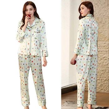 

Women Pajamas Sets Cute Print Silk Pajamas Suits Casual Femme Home Comfortable Women Pajamas Suits Fruit Green