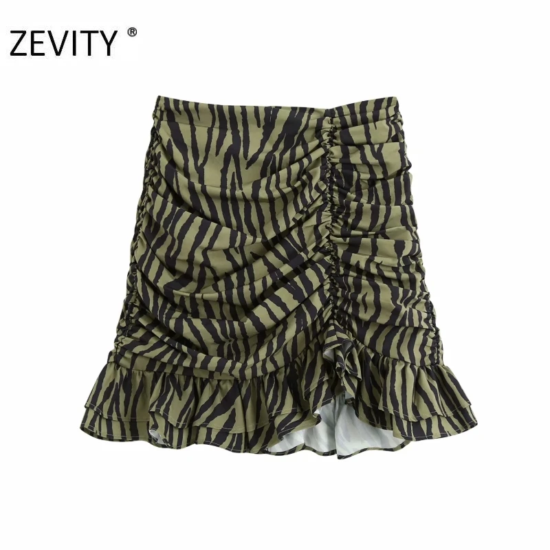 ZEVITY New Women animal pattern print pleated asymmetrical skirt faldas mujer female back zipper chic hem ruffles skirts QUN693
