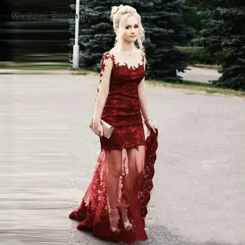 

Illusion Wine Red Mermaid O Neck Lace Evening Dresses 2020 with Detachable Skirt Long Sleeves Party Prom Gowns robe de soiree