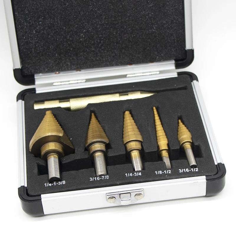 

6pcs HSS Titanium Coated Step Drill Bit With Center Punch Drill Set Hole Cutter Drilling Tool Kit Set of Tools Step Drill Box