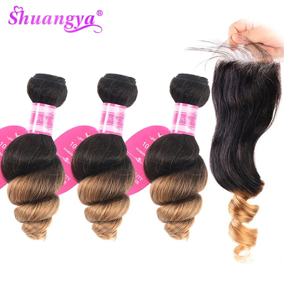 

Shuangya hair Peruvian Loose Wave Bundles With Closure Remy Ombre Bundles With Closure 1B/27 Bundles With Closure Hair extension