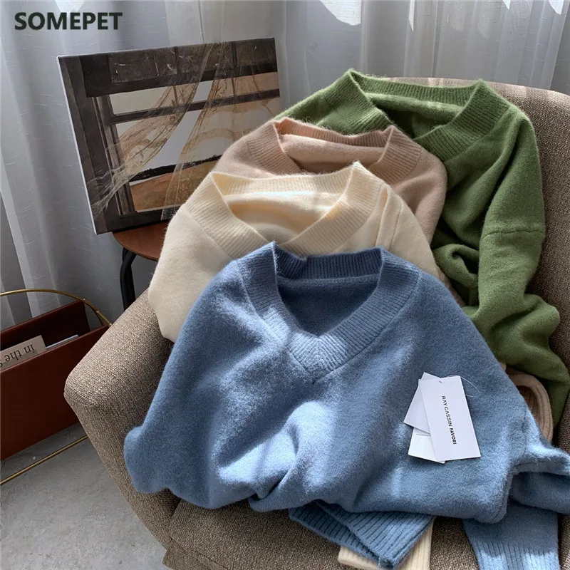 

Winter Autumn Oversized Knitted Cashmere Sweater Women V-Neck Basic Thicken Pullovers Female Knit Jumpers Top