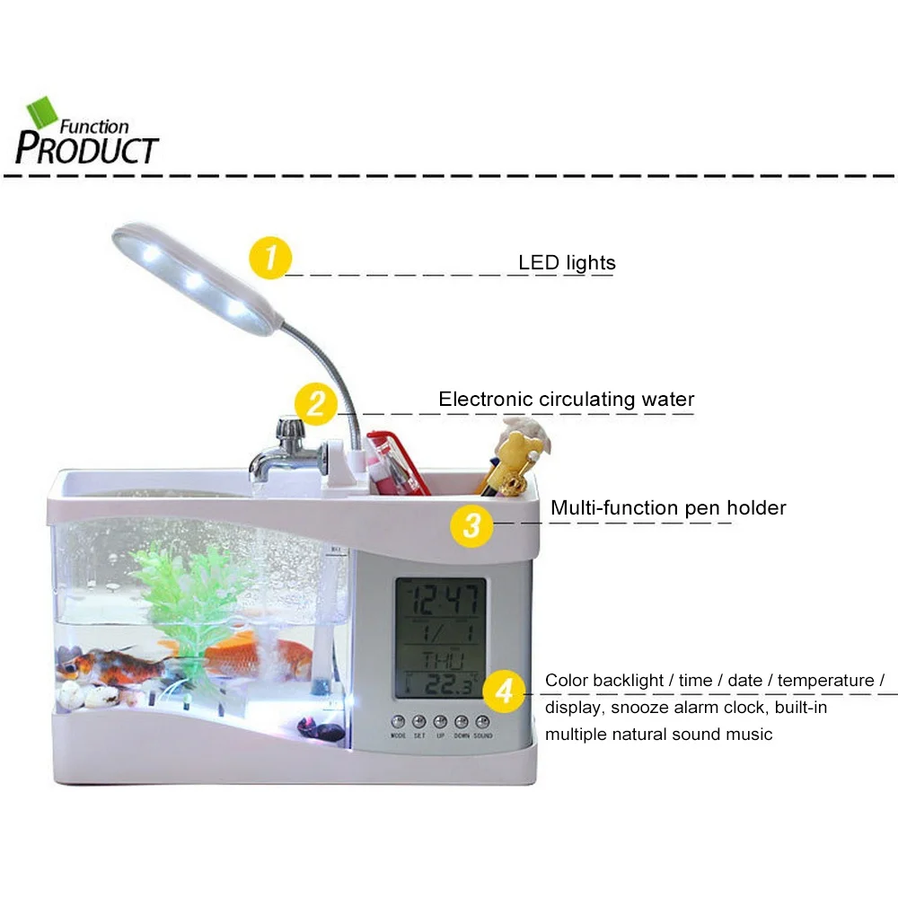 Рыба аквариумное украшение Betta USB Авто Мини-аквариум для рыб с светодиодный дисплей светодиодный экран и часы аквариум