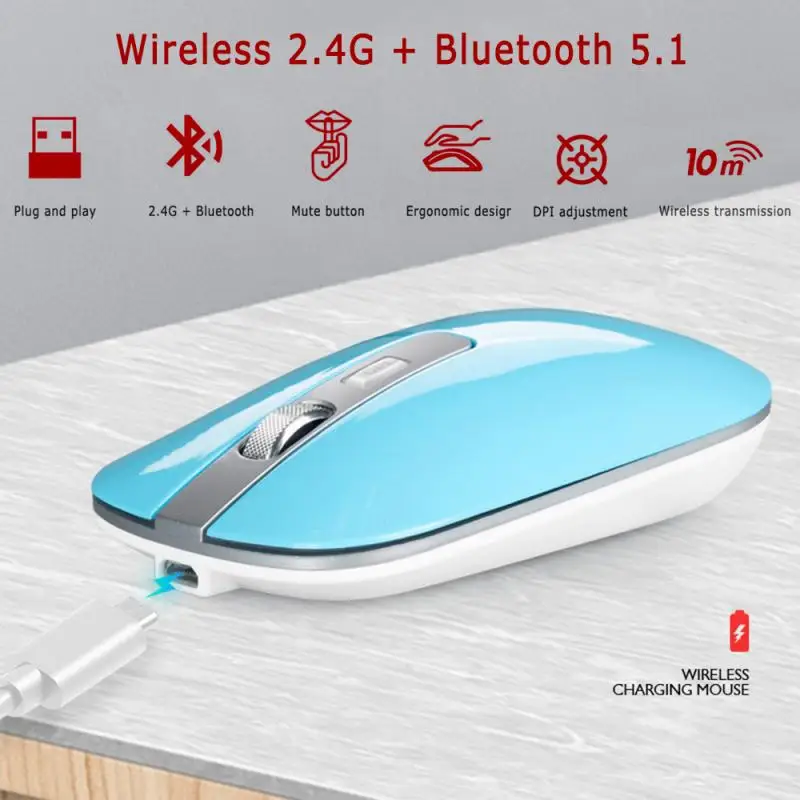 

Ultra-Thin Silent Mouse 2.4G Wireless Bluetooth 5.1 Rechargeable Mouse Charging Dual Mode with USB Receiver for Computer Laptop