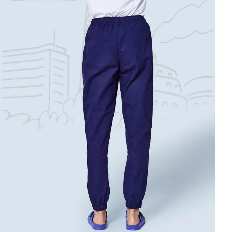 Для женщин и мужчин скрабы брюки эластичные манжеты Хлопок медицинская форма доктор рабочая одежда медсестры низ сплошной цвет эластичный шнурок талии