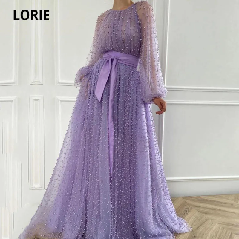 

LORIE Luxury Dairy Prom Dress O-Neck Beaded with Pearls Puff Sleeves Purple Party Dress for Graduation Celebrity robe fete femme
