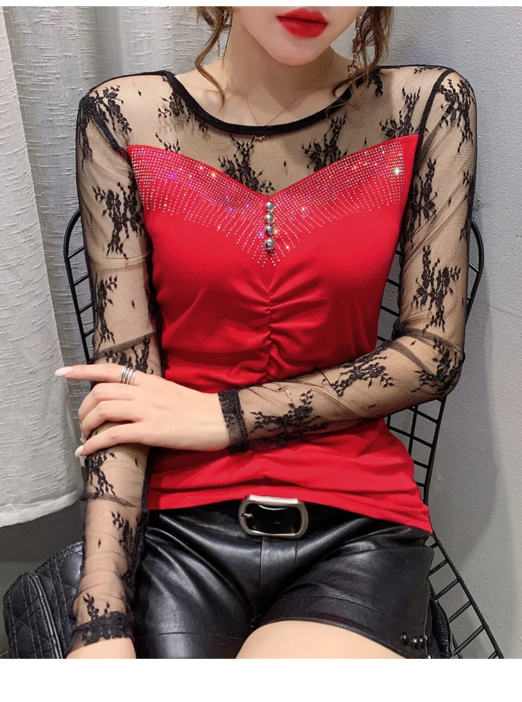 New 2020 Autumn long sleeve Women t-shirts Fashion Sexy hollow out Hot drilling Mesh shirt Plus size womens shirt blusas