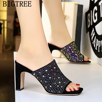 

BIGTREE Rhinestone Slides Slippers Open Toe Thick Heels Shoes Woman Fashion Ladies Slippers Zapatos De Mujer Chaussures Femme