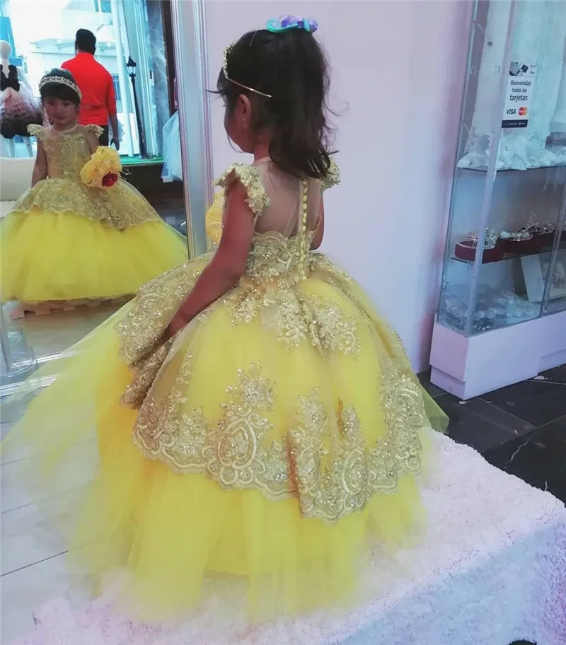 

Yellow Tulle Toddler Baby Girl Dress Gold Appliques Party Gown Birthday Dress Christmas Dress Photography Props 1-14Y