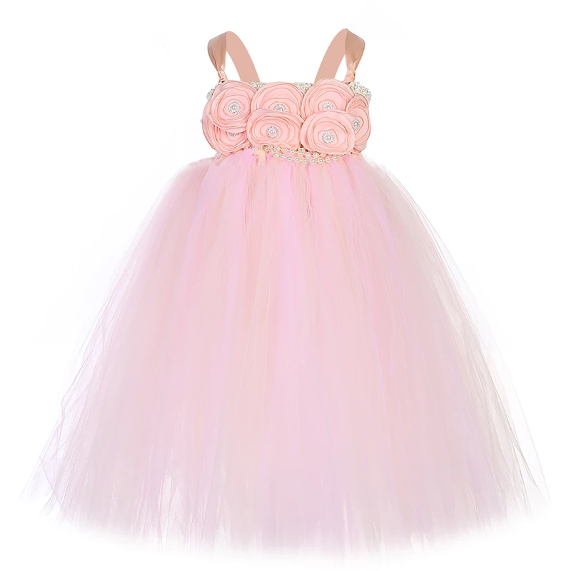 Свадебное платье-пачка ручной работы с цветами для девочек; Сатиновые праздничные платья-пачки с цветами и жемчужинами для маленьких девочек на день рождения