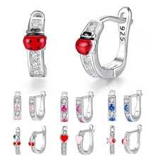 Серьги из чистого 925 пробы серебра с прозрачными фианитами, эмалевая божья коровка, вишня, крошечное сердце, серьги-гвоздики для девочек, детские серебряные ювелирные изделия