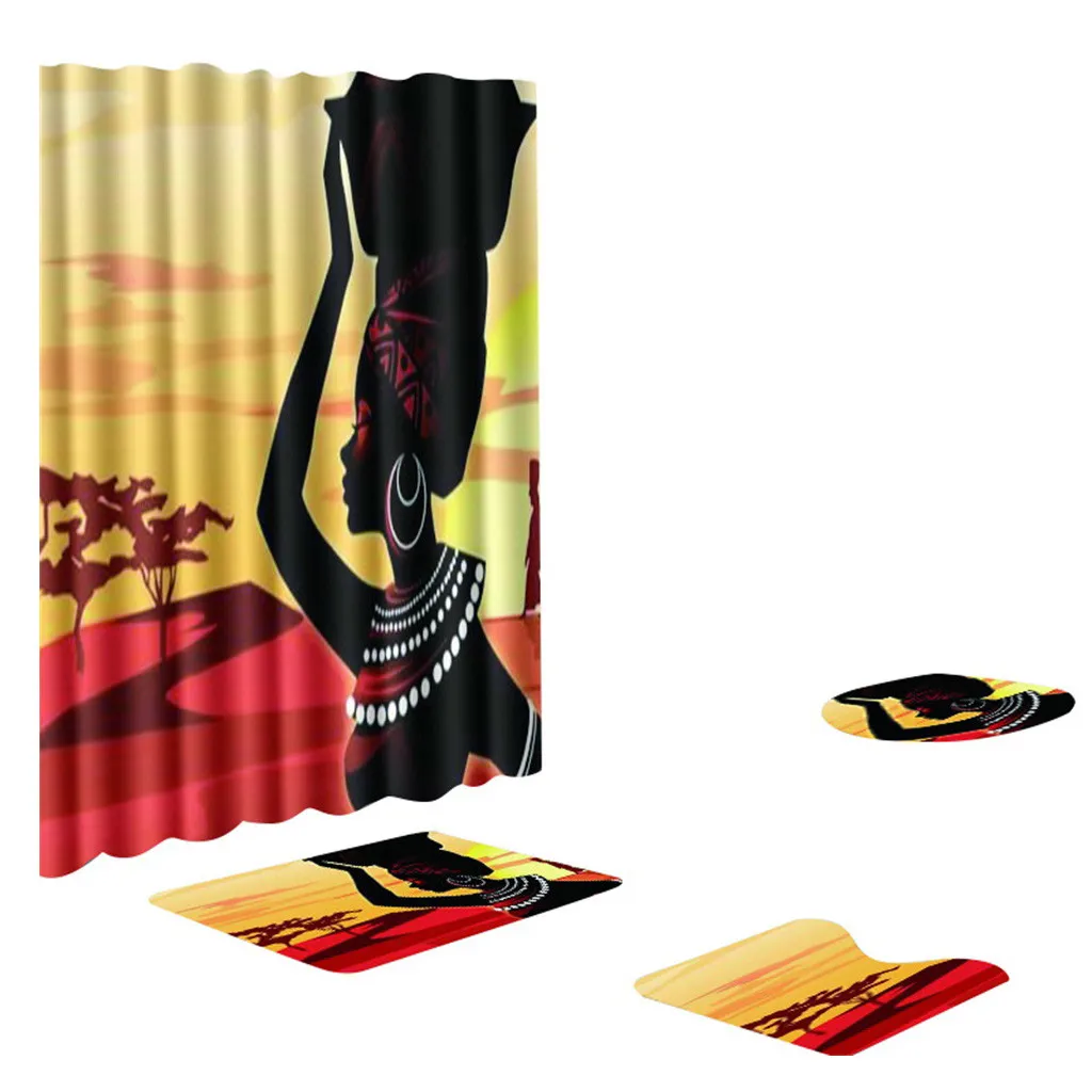 

4 Pcs Culture Character Pattern Non Slip Toilet Polyester Cover Mat Set Bath Rug Mat Set Bathroom Accessories Shower Curtain Set