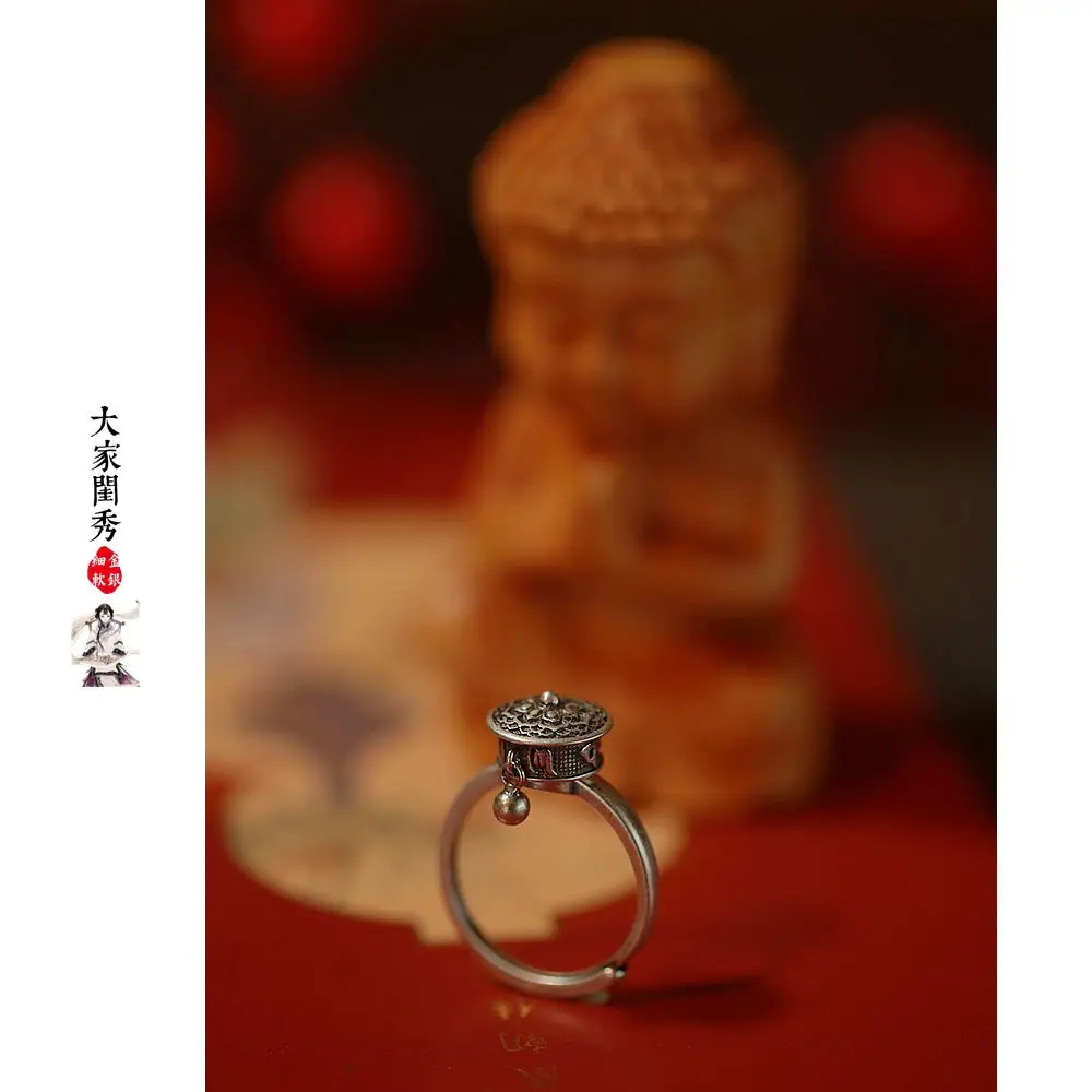 100% 925 Sterling Silver Jewelry Retro Elegant Buddhism The Six Syllable Mantra Spinner Handmade Rotatable Ring for Women | Украшения и