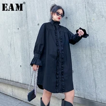 [EAM] Женская Черная длинная блузка с оборками большого размера, новая свободная рубашка с отворотом и длинным рукавом, модная весенняя Осенняя 1N089