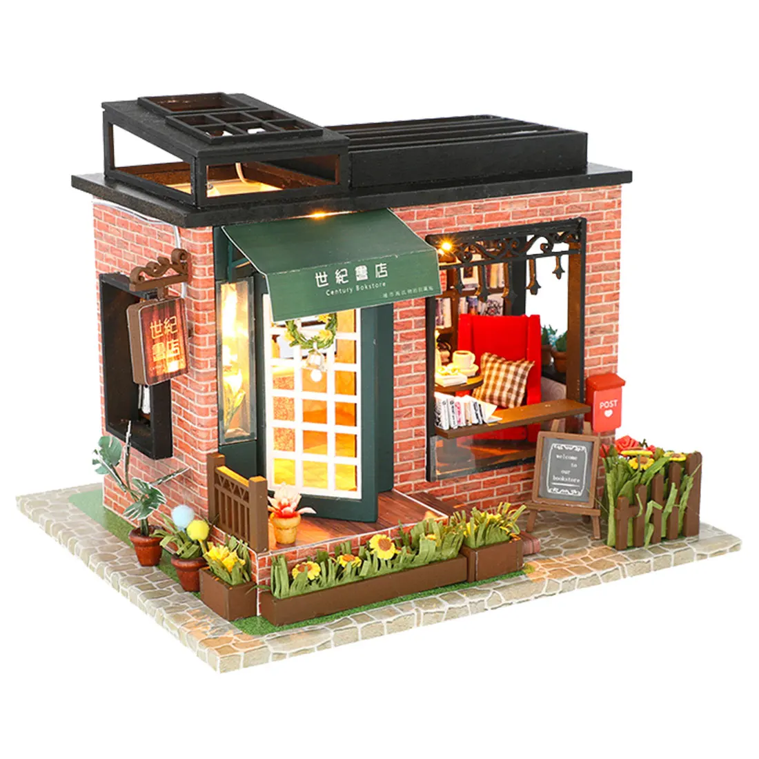 

Doll House DIY Creative Handmade Theme Wooden Cabin Assembly Building Model Toy Set With Light And Music For Children- Bookstore
