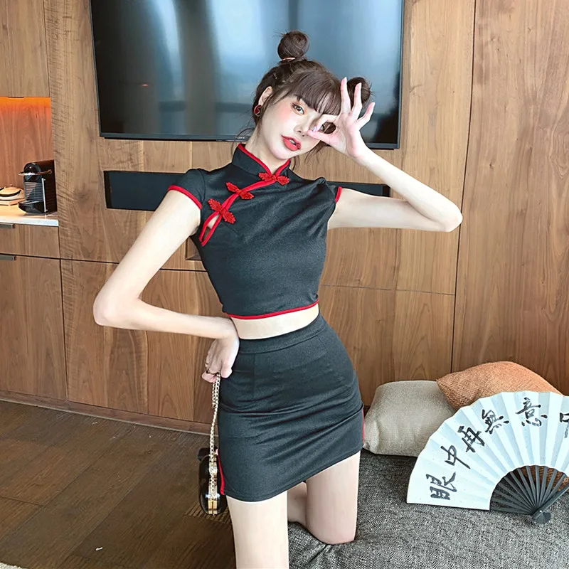 

New retro improved cheongsam temperament 2 piece set 2019 fashion party high-end atmosphere waist two-piece suit