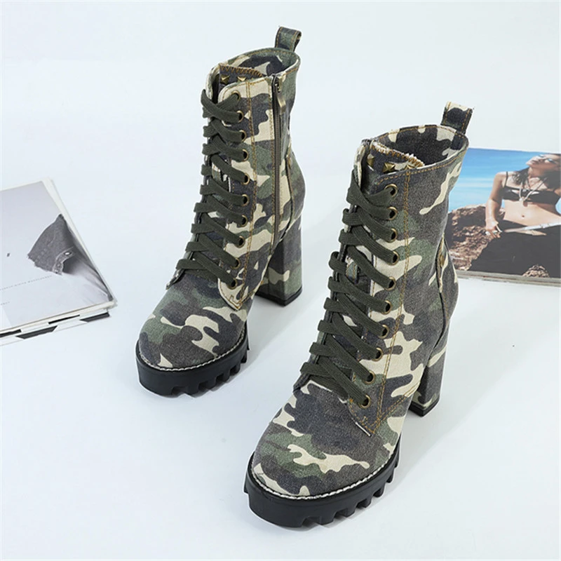 Camouflage Women Ankle Boots Lace Up 