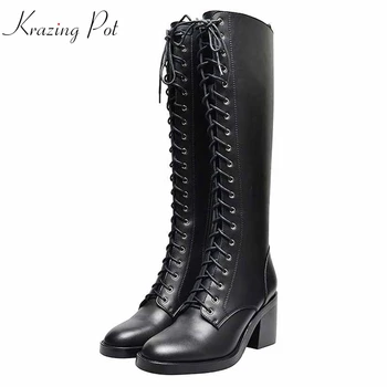 

krazing pot cow leather round toe lace up casual thick high keep warm brand gladiator preppy style riding knee high boots l93