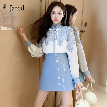 

2020 New fashion Autumn 2 Pieces Set Women Elegant Bow Stand collar chiffon print Shirt Top+High waist Mini skirts Suit