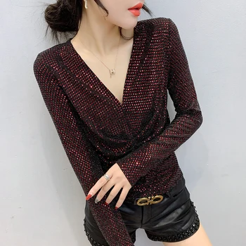 

XUXI Women 2020 New Spring Autumn Thin T-shirt Fashion Shiny Slim Sexy Sequined V-neck Long Sleeve T Shirt,TShirt,T Shirt FZ1147