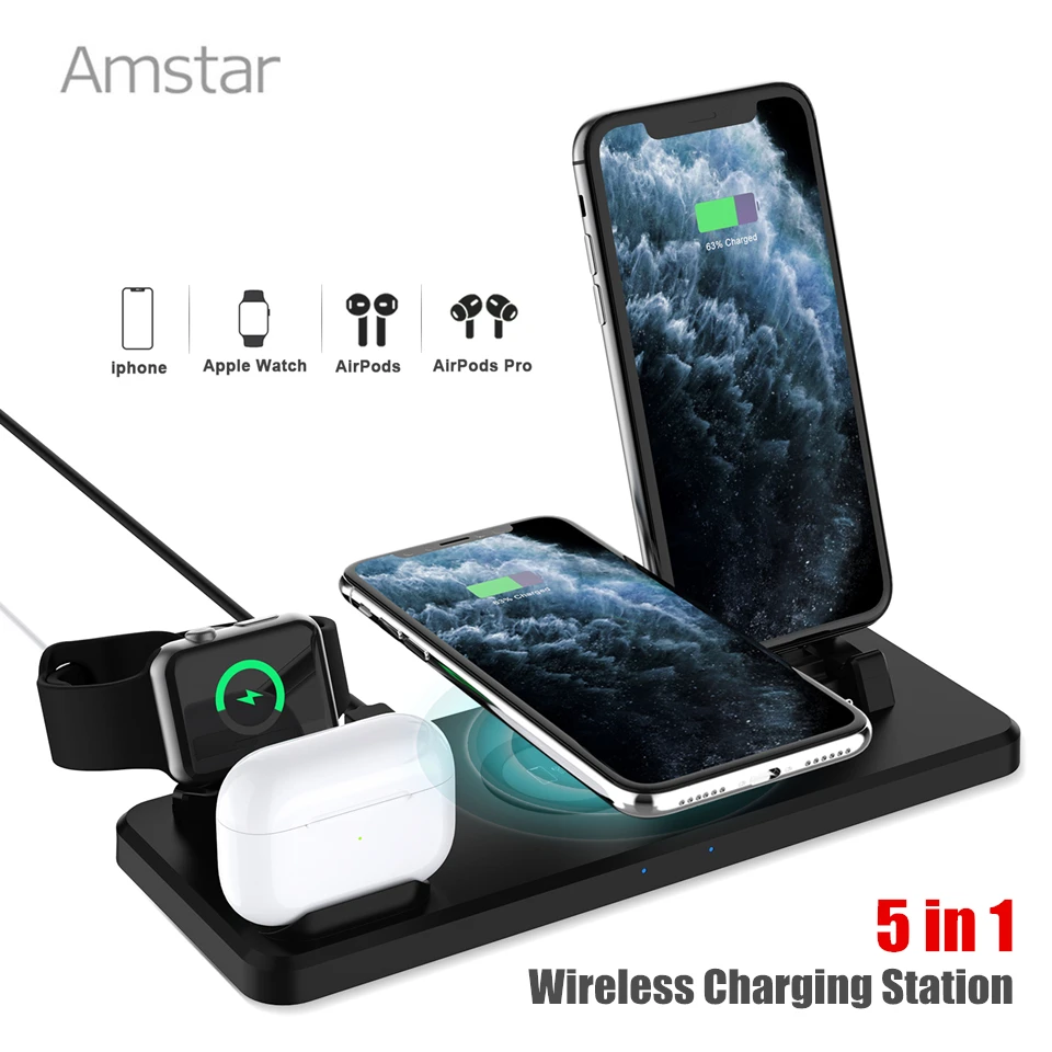 Amstar cargador inalámbrico Qi 5 en 1, carga rápida inalámbrica 15W para iPhone 12, Pro Max, 12 Mini, XS, AirPods Pro, Samsung S21, inalámbricos| - AliExpress