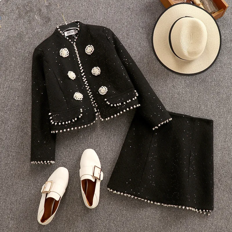 Высококачественный Женский шерстяной комплект осень-зима, женское черное твидовое пальто с бусинами+ черная шерстяная юбка, комплект из 2 предметов - Цвет: Черный